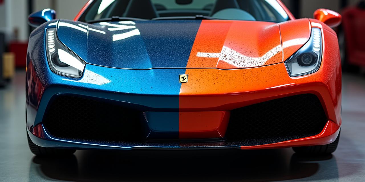 Before and after of a sports car receiving ceramic coating, highlighting extreme gloss and water beading.